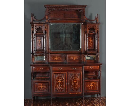 Cabinet credenza doppiocorpo in legno di palissandro con intarsi stile Vittoriano del 1800