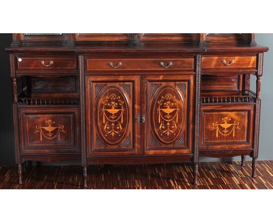 Cabinet credenza doppiocorpo in legno di palissandro con intarsi stile Vittoriano del 1800