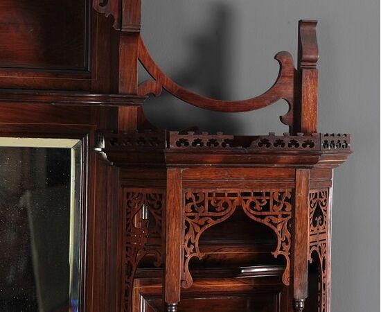 Cabinet credenza doppiocorpo in legno di palissandro con intarsi stile Vittoriano del 1800