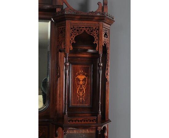 Cabinet credenza doppiocorpo in legno di palissandro con intarsi stile Vittoriano del 1800