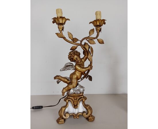 Coppia lampade con putti/angeli in legno dorato e argentato-candelieri-primi 900