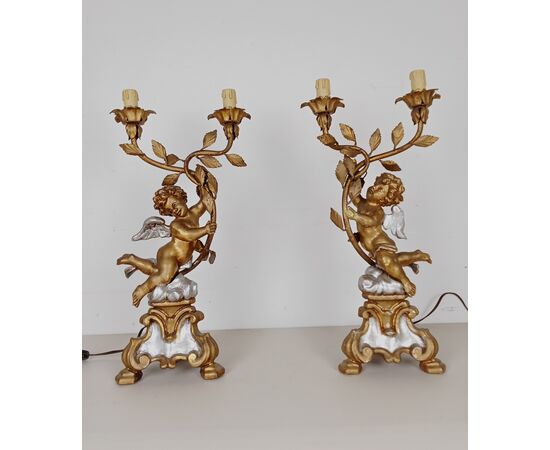 Coppia lampade con putti/angeli in legno dorato e argentato-candelieri-primi 900