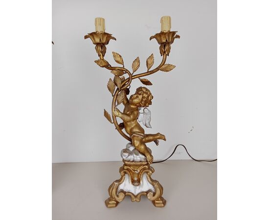 Coppia lampade con putti/angeli in legno dorato e argentato-candelieri-primi 900