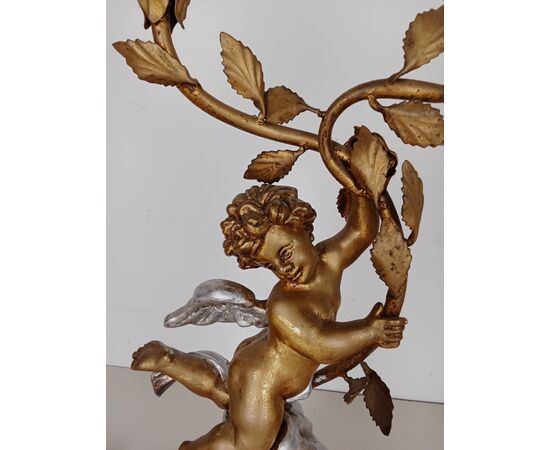 Coppia lampade con putti/angeli in legno dorato e argentato-candelieri-primi 900