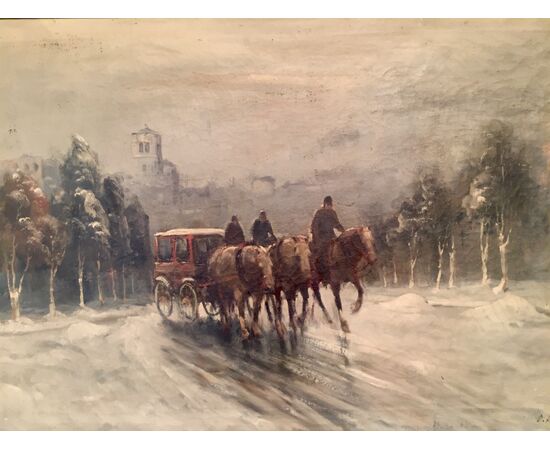 PAINTING &quot;WINTER PARSAGE WITH CARRIAGE&quot; SIGNED D. ARPOTTI (DIMITRI)     