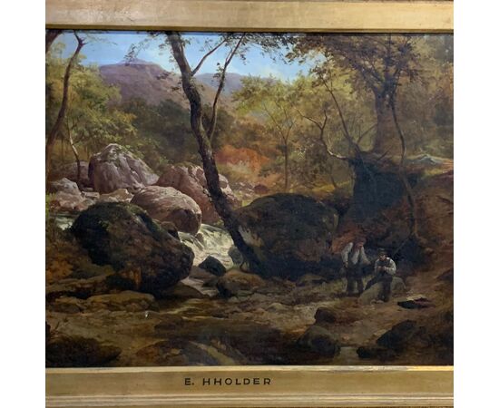 FRAMEWORK &quot;LANDSCAPE WITH FIGURES&quot; BY EDWARD HENRY HOLDER - XIX CENT.     