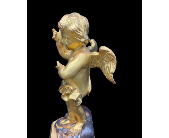 SCULPTURE OF ANGEL, PUTTO IN GOLDEN WOOD WITH GOLD LEAF - LUIGI FILIPPO     