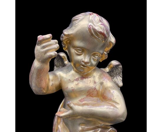 SCULPTURE OF ANGEL, PUTTO IN GOLDEN WOOD WITH GOLD LEAF - LUIGI FILIPPO     