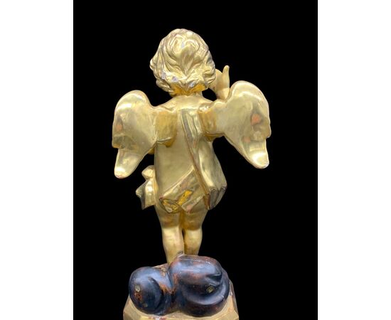 SCULPTURE OF ANGEL, PUTTO IN GOLDEN WOOD WITH GOLD LEAF - LUIGI FILIPPO     