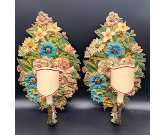 PAIR OF PALMS IN POLYCHROME EMBOSSED BRASS - XIX CENT.     