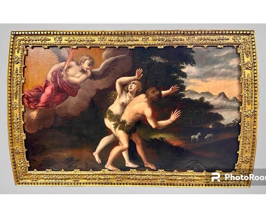 Quadro, dipinto olio su tela “La cacciata di a Adamo ed Eva dal Paradiso Terrestre” - XVII sec. 