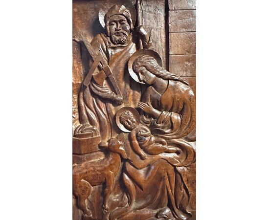 Scultura in rilievo in legno, pannello scolpito "Sacra Famiglia" - XIX sec. 