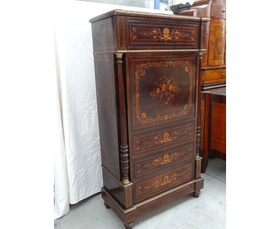 Secretaire in palissandro con intarsi in acero 1880 Napoleone III francese