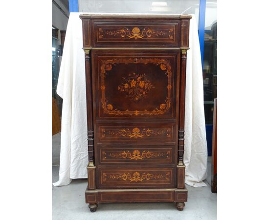 Secretaire in palissandro con intarsi in acero 1880 Napoleone III francese