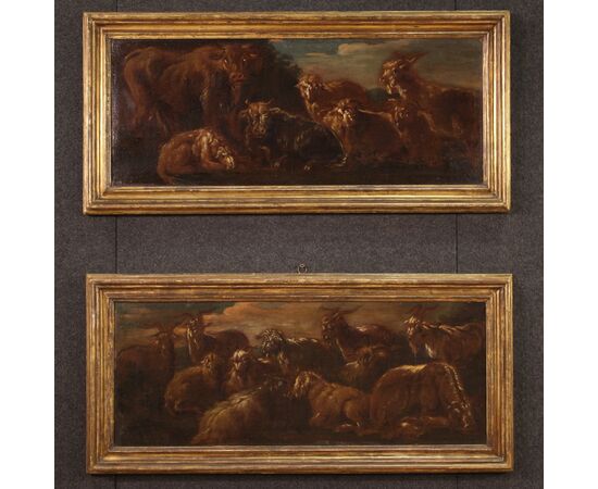 Painting oil on canvas from the 17th century, landscape with grazing animals