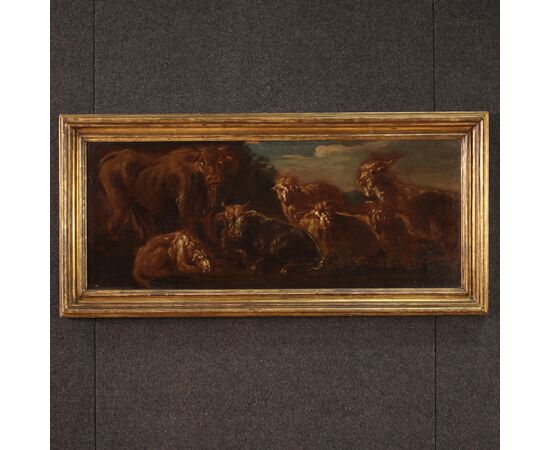 Painting oil on canvas from the 17th century, landscape with grazing animals