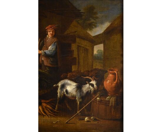 Cortile con natura morta di animali e frutta, Adriaen de Gryef (Leida 1657 - Bruxelles 1722) Firmato 'A Gryeff f’(ecit) - al centro sulla sinistra