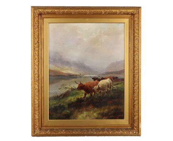 Dipinto di Henry Robinson Hall - Highland Cattle Loch Venacha