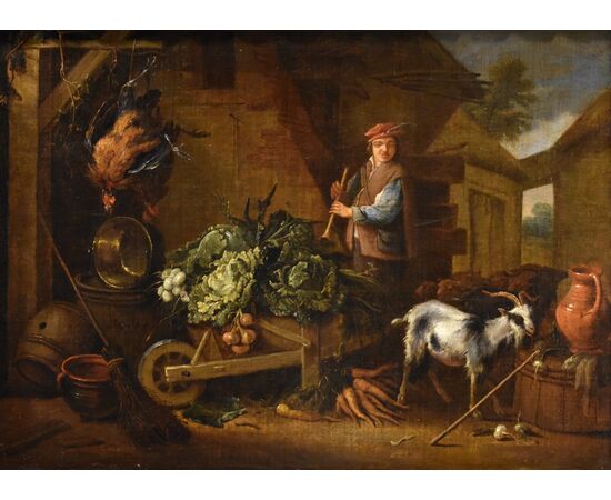 Cortile con natura morta di animali e frutta, Adriaen de Gryef (Leida 1657 - Bruxelles 1722) Firmato 'A Gryeff f’(ecit) - al centro sulla sinistra