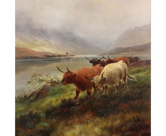 Dipinto di Henry Robinson Hall - Highland Cattle Loch Venacha