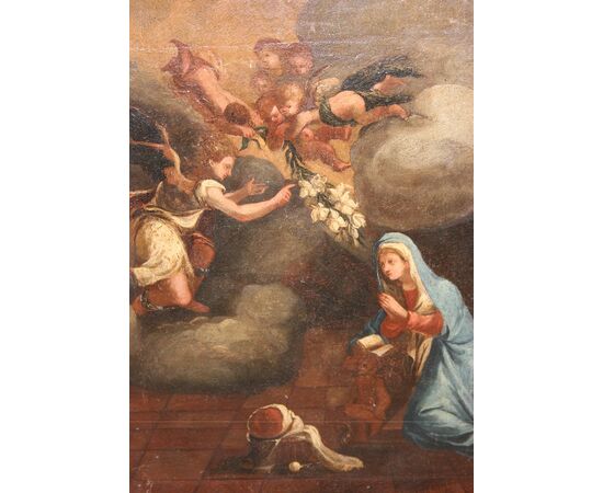 Olio su tela italiano di inizio 1700 raffigurante L'Annunciazione della Vergine Maria