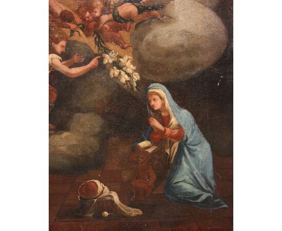 Olio su tela italiano di inizio 1700 raffigurante L'Annunciazione della Vergine Maria