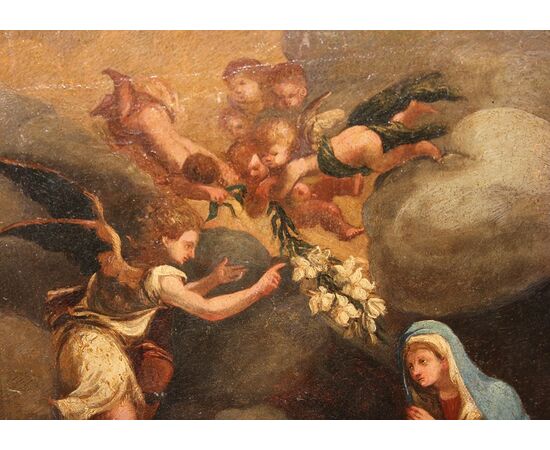 Olio su tela italiano di inizio 1700 raffigurante L'Annunciazione della Vergine Maria