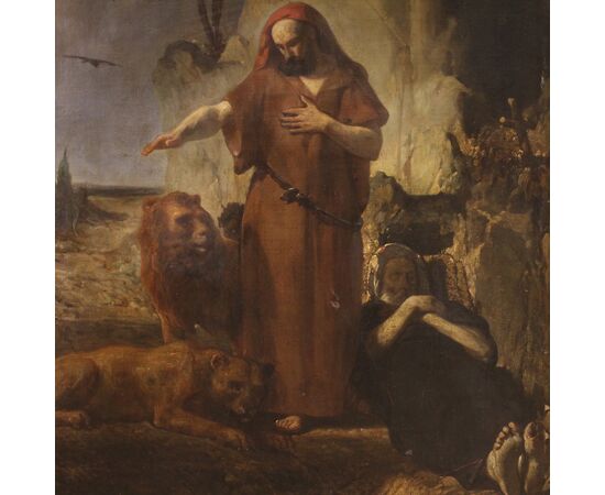 Antique painting from the 19th century, Saint Anthony the Abbot buries Saint Paul