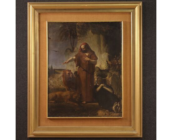 Antique painting from the 19th century, Saint Anthony the Abbot buries Saint Paul