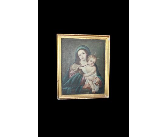 Olio su tela Spagnolo di inizio 1800 Raffigurante Madonna con Bambino Gesù