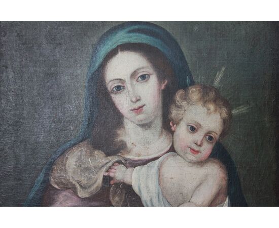 Olio su tela Spagnolo di inizio 1800 Raffigurante Madonna con Bambino Gesù