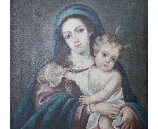 Olio su tela Spagnolo di inizio 1800 Raffigurante Madonna con Bambino Gesù