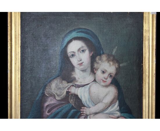 Olio su tela Spagnolo di inizio 1800 Raffigurante Madonna con Bambino Gesù