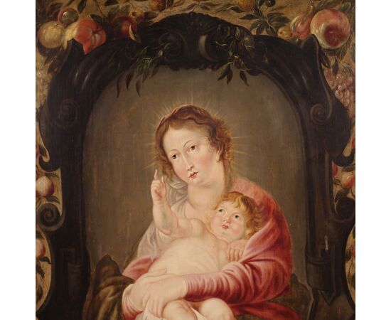 Dipinto fiammingo su tavola del XVII secolo, Madonna col bambino