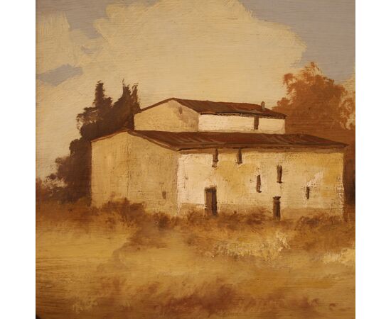 Signed painting landscape with a small house from the 20th century