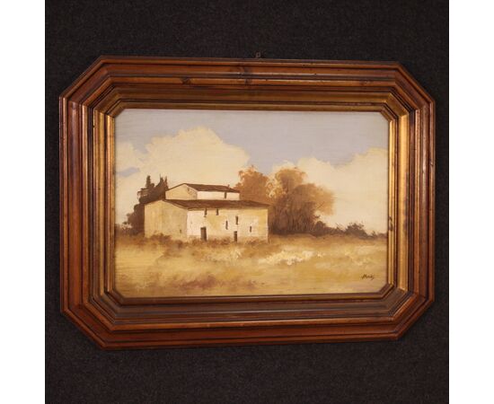 Signed painting landscape with a small house from the 20th century