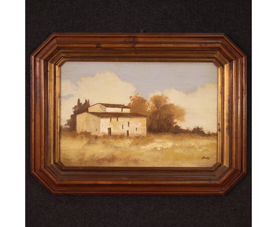 Signed painting landscape with a small house from the 20th century