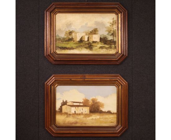 Signed painting landscape with a small house from the 20th century