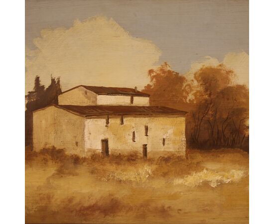 Signed painting landscape with a small house from the 20th century