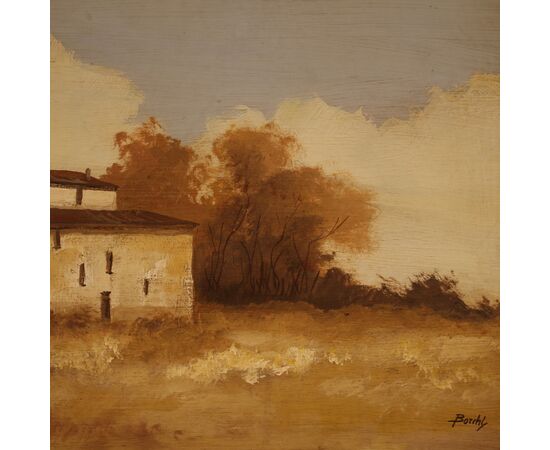 Signed painting landscape with a small house from the 20th century