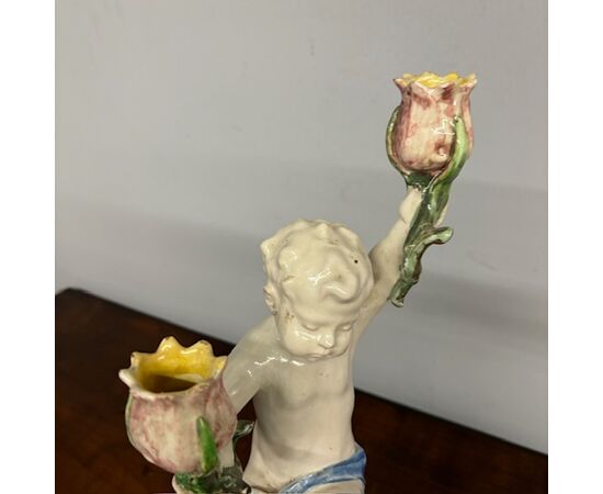 Antica coppia di putti a candelabri Angelo Minghetti Bologna. Fine 800 su piedistallo firmati. H 37 