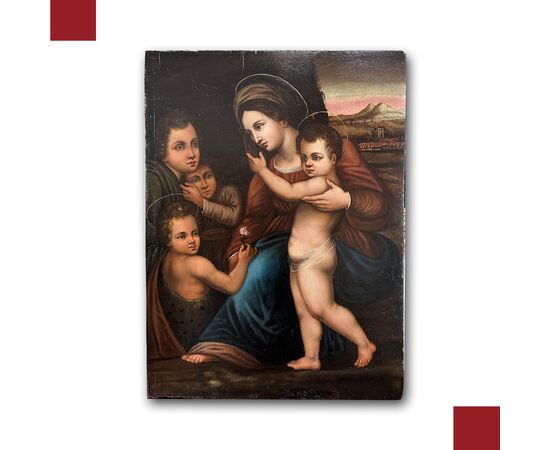 DIPINTO A OLIO SU TAVOLA MADONNA CON GESU’ E GIOVANNI FINE XVI SECOLO 