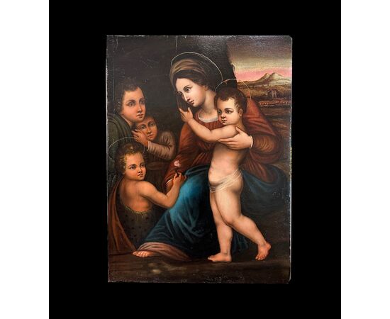 DIPINTO A OLIO SU TAVOLA MADONNA CON GESU’ E GIOVANNI FINE XVI SECOLO 