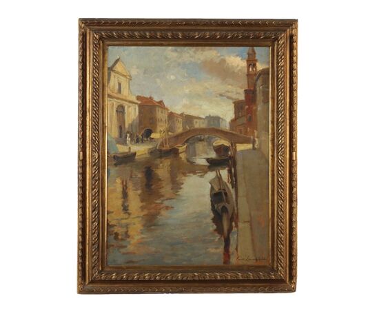 Dipinto di Emil Lindenfeld - Barche sul Canale