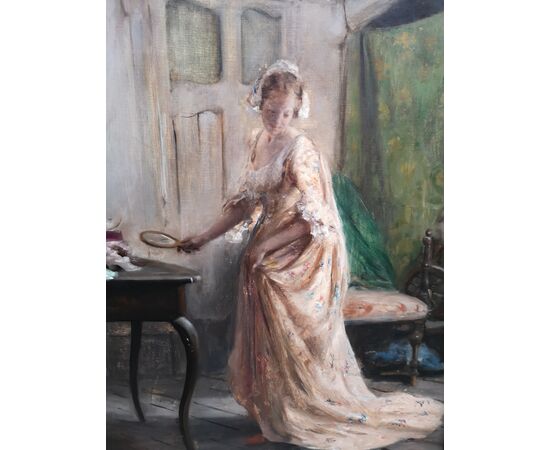 Oil painting on canvas by Giuseppe Ricci, depicting an interior with a girl.     