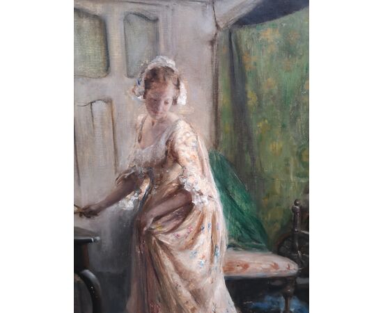 Oil painting on canvas by Giuseppe Ricci, depicting an interior with a girl.     