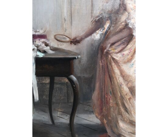 Oil painting on canvas by Giuseppe Ricci, depicting an interior with a girl.     