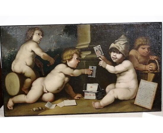 Coppia di dipinti del '700 - Putti che giocano con giochi dell'epoca 