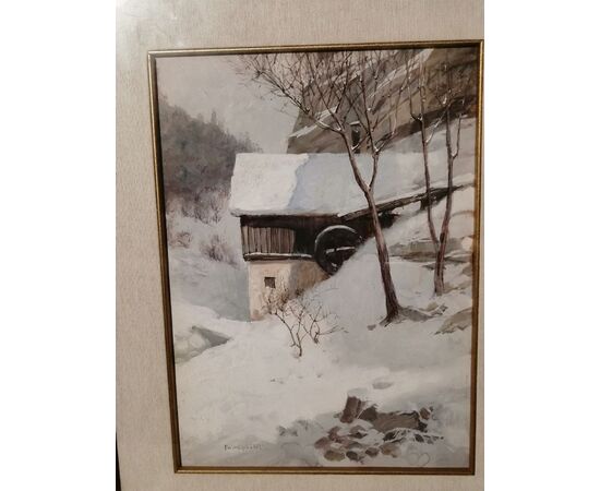 Franz Windhager (Vienna 1879-1959) - Tavola del '900 con paesaggio innevato - Dipinto firmato