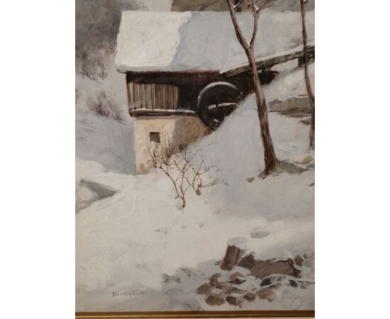 Franz Windhager (Vienna 1879-1959) - Tavola del '900 con paesaggio innevato - Dipinto firmato